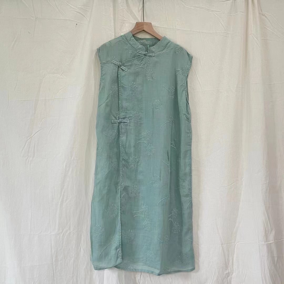 苎麻绣花无袖纯色中式