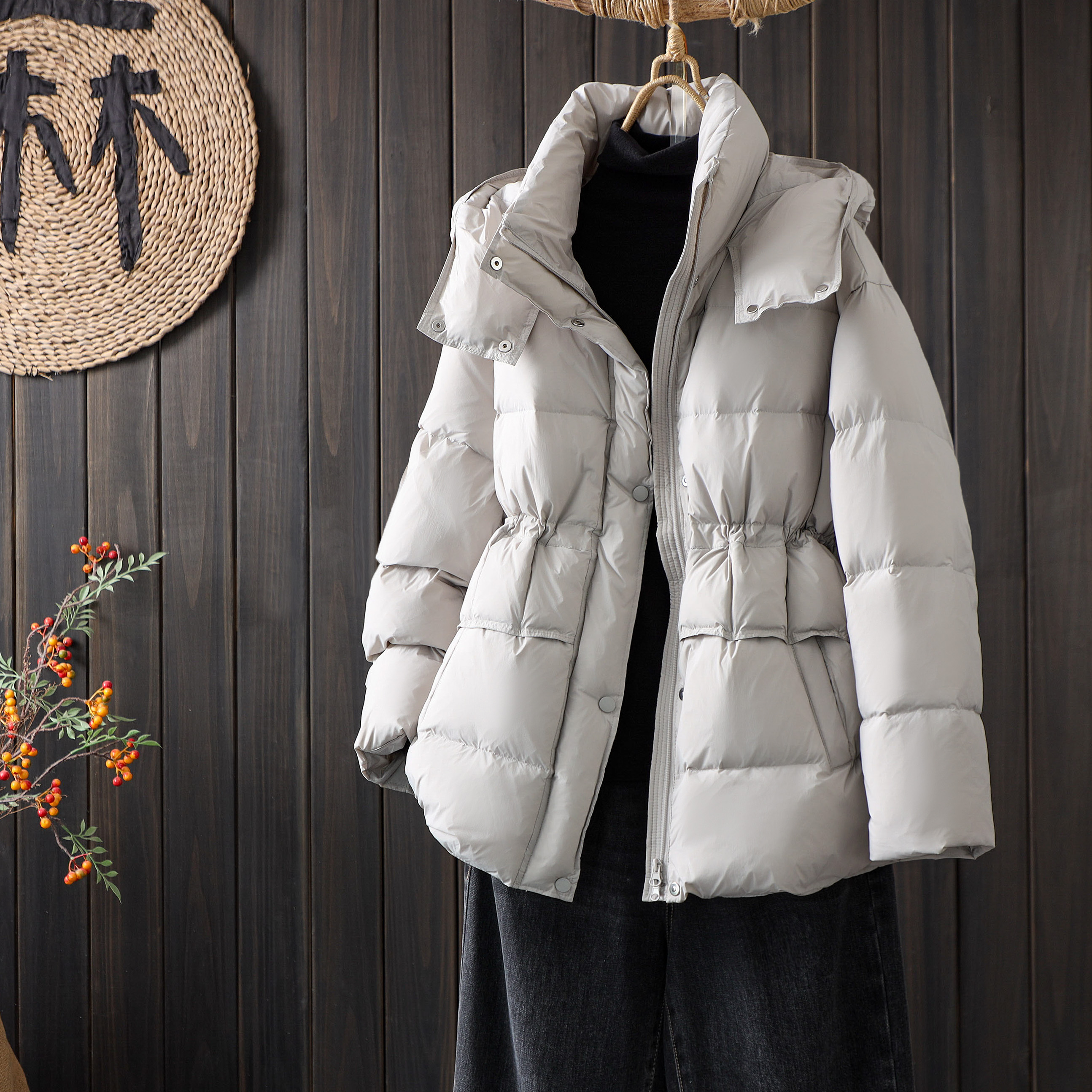 原创冬季文艺时尚连帽中长款羽绒