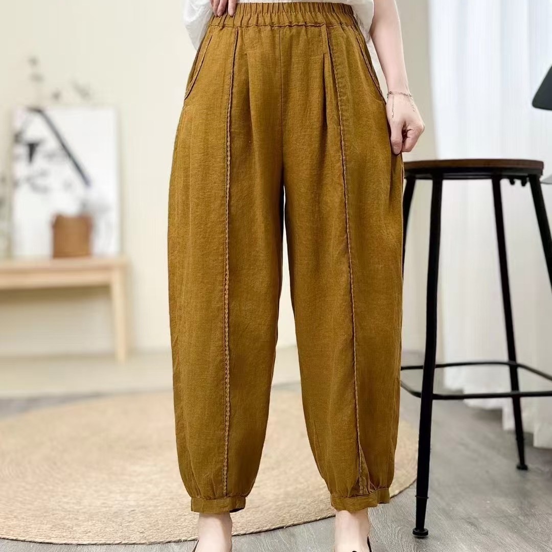 2025夏季纯亚麻束脚哈伦裤女简约纯色宽松花边松紧腰九分裤休闲裤