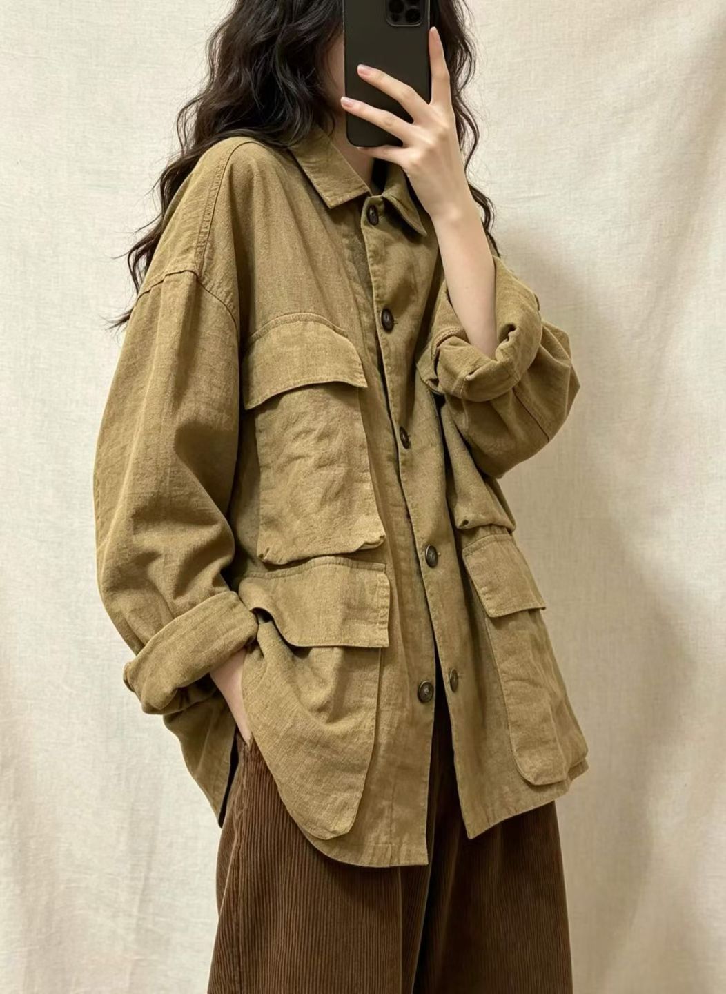 复古沙洗亚麻工装外套女显瘦