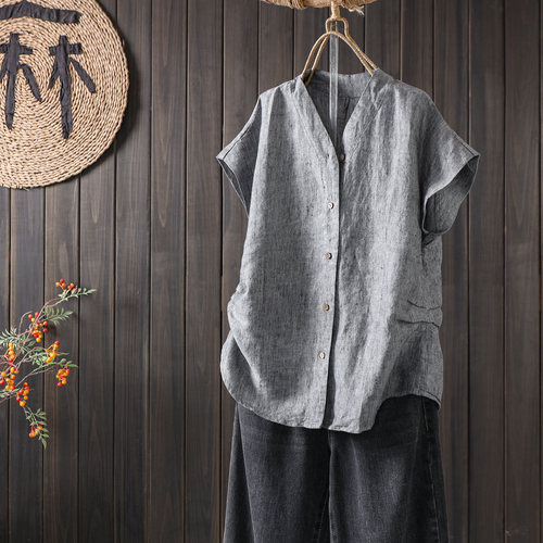 色织亚麻V领上衣时尚感系扣短袖