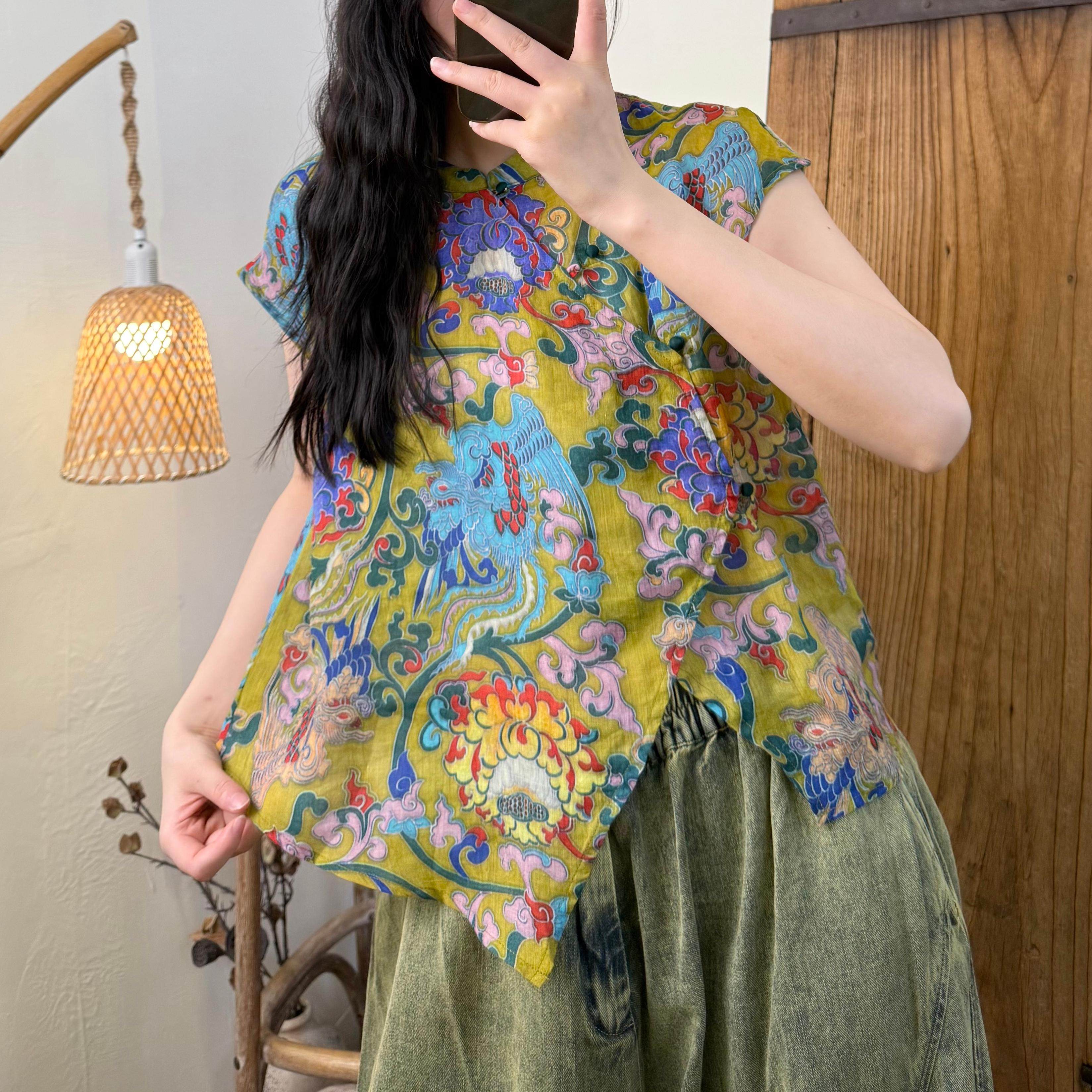 原创设计2025夏季新款复古百搭苎麻不规则设计款印花无袖舒适上衣,女装/女士精品,衬衫,淘宝优惠券,粉丝福利购,淘宝优惠卷