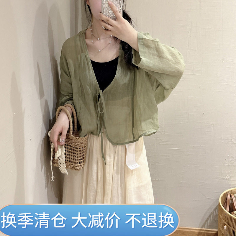 简约纯色苎麻拼接系带小衫宽松