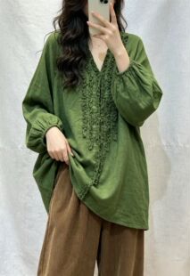 2026秋季新款纯色V领双层棉纱衬衫女百搭时尚简约中长款上衣女