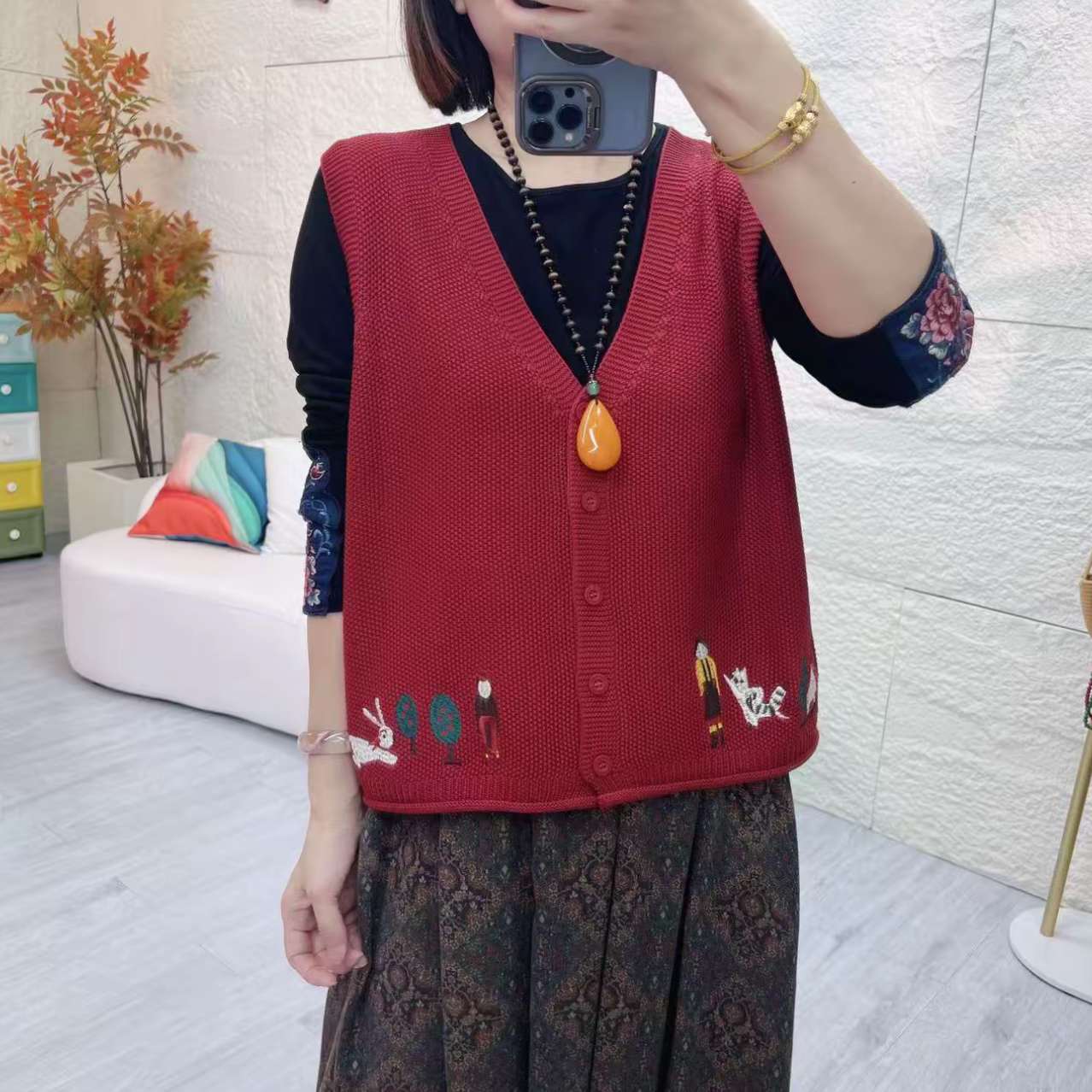 刺绣棉线马甲外套针织衫女宽松