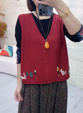 刺绣棉线马甲外套针织衫女宽松