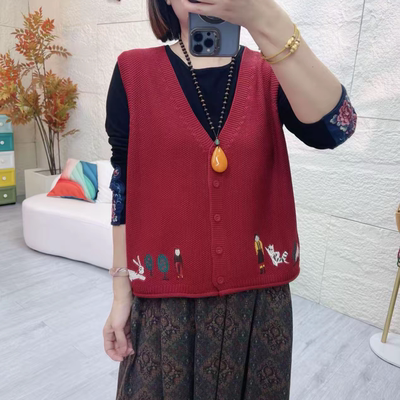 刺绣棉线马甲外套针织衫女宽松