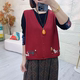 无袖 2025秋季 女宽松时尚 刺绣棉线马甲外套针织衫 V领文艺复古 新款