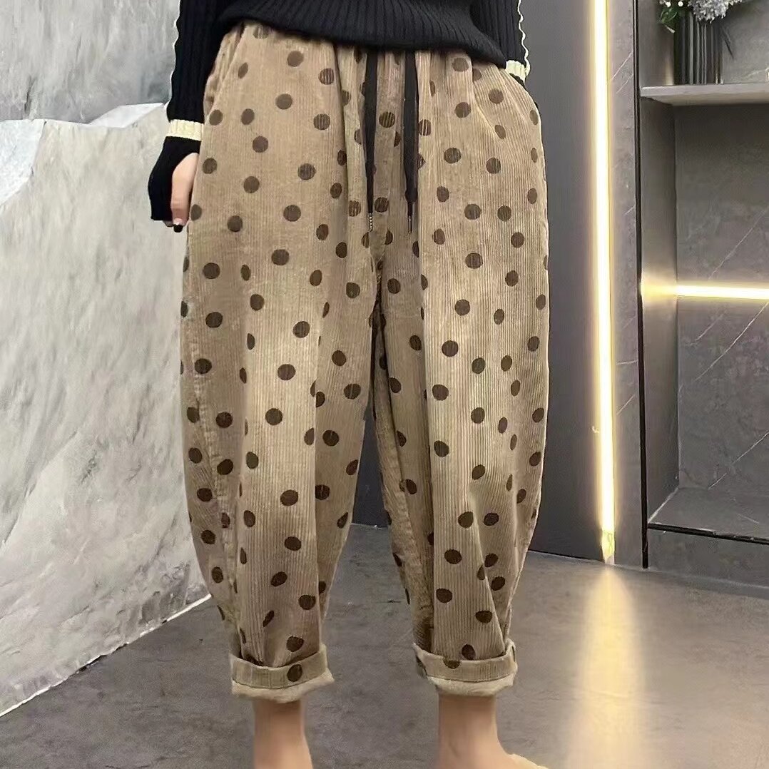 复古文艺灯芯绒哈伦裤女秋季新款显瘦长裤宽松波点百搭时尚休闲裤