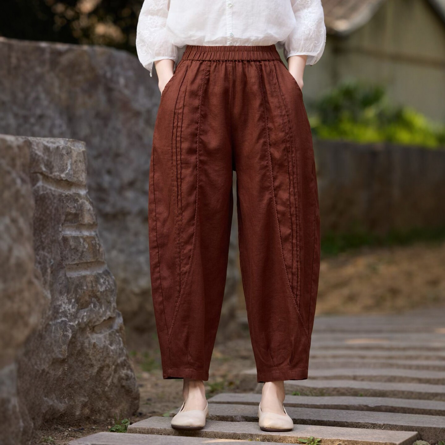 夏季亚麻高腰显瘦小脚哈伦裤女