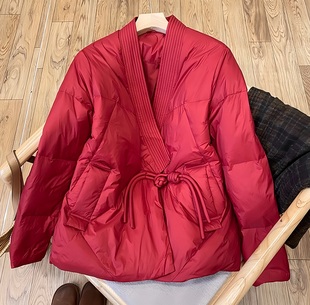 安迪娅诺 新国标白鸭绒大盘扣羽绒服女文艺冬保暖V领大气外套百搭