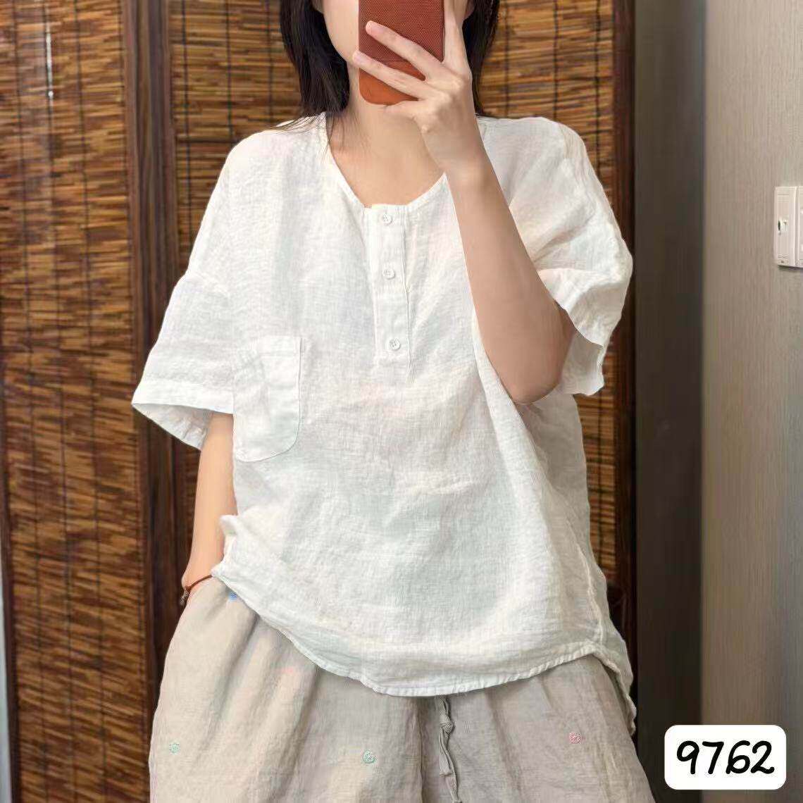 夏季100%亚麻显瘦短袖女衬衫女