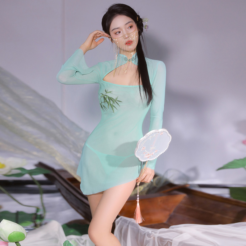 挑情睡衣旗袍性感全透明长袖精致绝美睡裙仙气飘飘勾魂裙情裙衣服