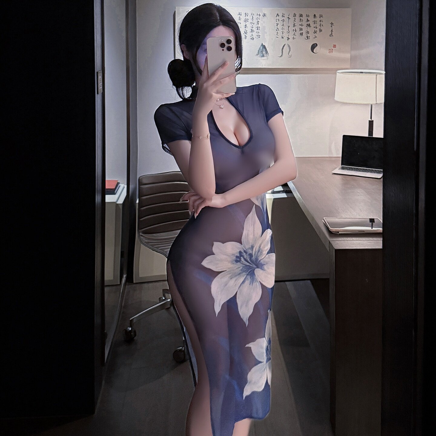 旗袍情调qq睡衣性感妻味战袍透明薄纱长裙轻熟开衩裙斩男御姐穿搭