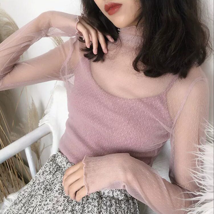 半高领蕾丝衫女长袖秋冬韩版透明网纱打底衫小水玉点内搭很仙上衣