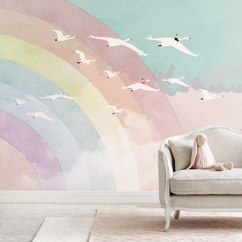 墙酷 简约卡通粉色彩虹温馨墙纸女孩公主房背景墙壁画 飞跃彩虹