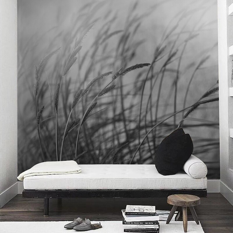 墙酷 现代简约灰色植物墙布客厅走廊玄关 过道进门墙背景壁画飘苇