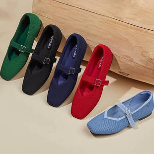 日本代购直邮VIVAIA方头单扣玛丽珍条纹纹理舒适坡底平底鞋女款