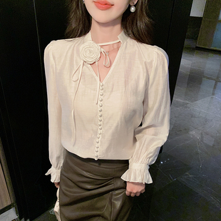 设计感小众衬衫女2025春装法式立体花朵花系带V领雪纺衫百搭小衫