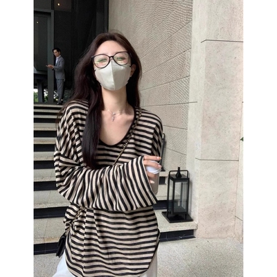 美式撞色条纹U领防晒罩衫