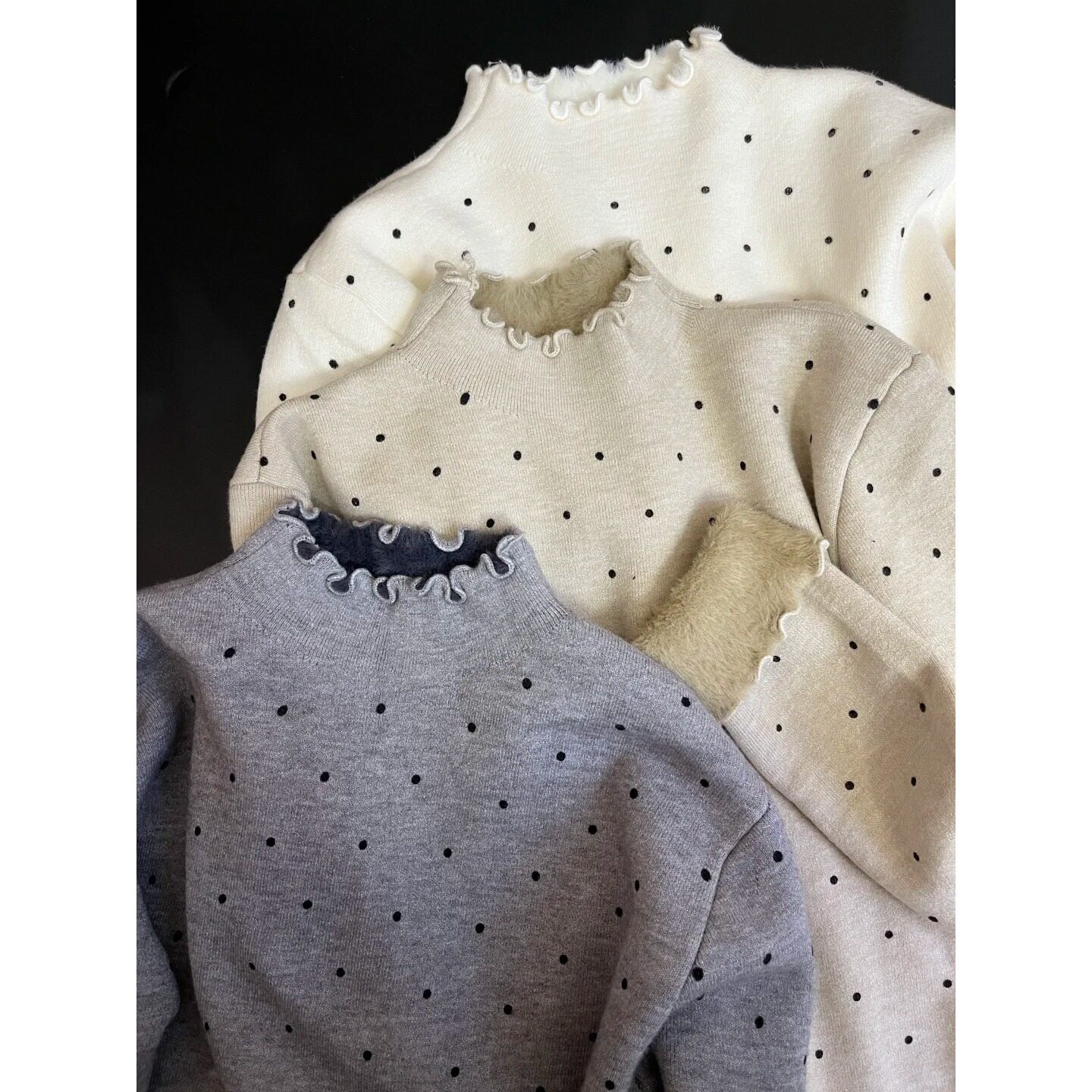 气质叠穿加绒木耳边半高领针织打底衫女春秋冬季内搭毛衣长袖上衣