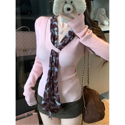 高端慵懒设计丝巾V领内搭针织衫