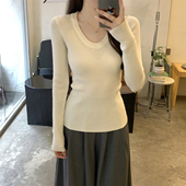 针织衫 毛衣女春秋冬季 修身 min系坑条高级感U领长袖 显瘦打底衫 上衣
