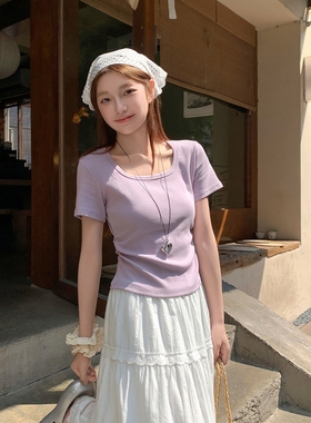 紫色纯欲抽褶显瘦短袖T恤女夏季法式方领辣妹打底衫时尚内搭上衣