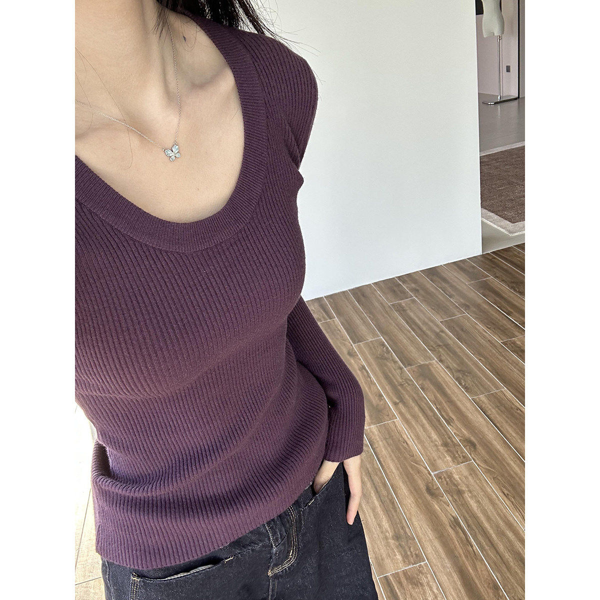 韩系小众洋气内搭U领长袖针织衫女春秋冬季打底性感别致毛衣上衣,女装/女士精品,毛针织衫,淘宝优惠券,粉丝福利购,淘宝优惠卷