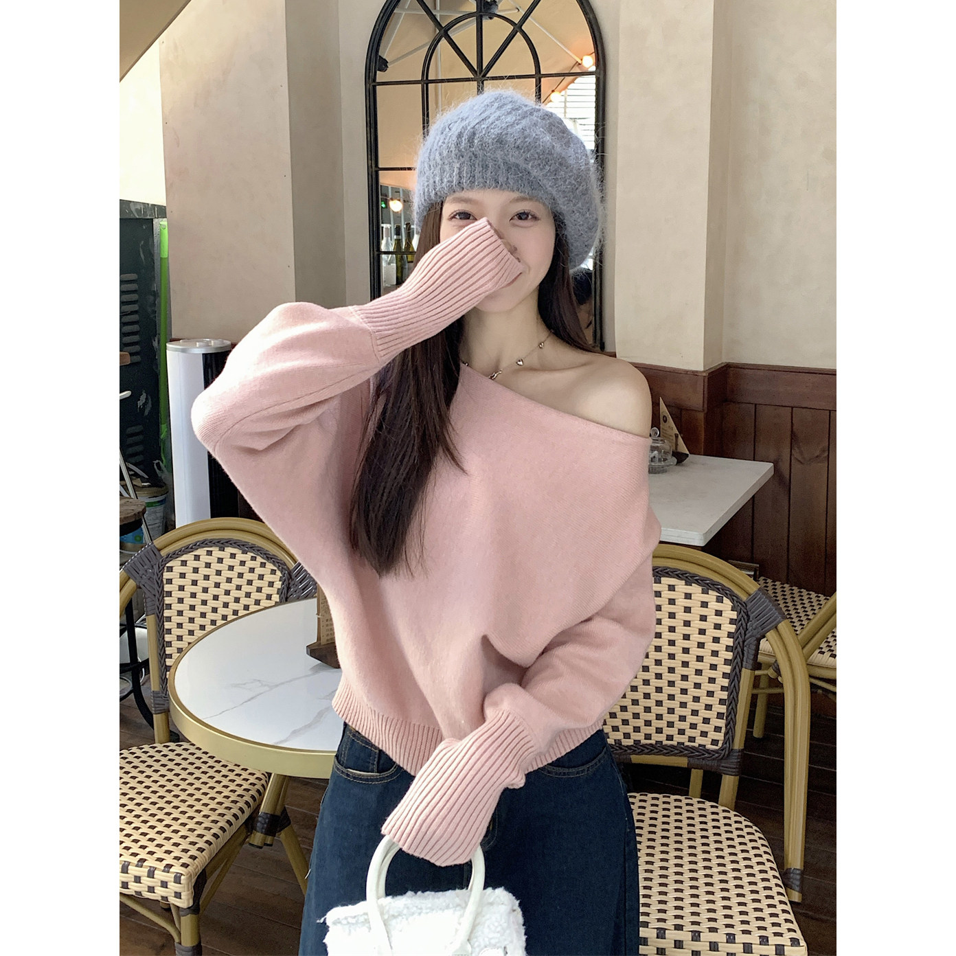 慵懒温柔风斜领独特漂亮长袖针织衫毛衣女春秋冬季打底衫内搭上衣