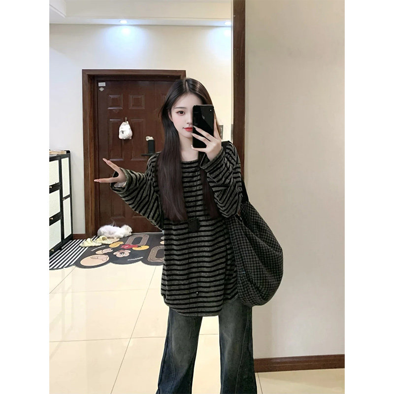 韩系慵懒宽松圆领黑灰条纹长袖打底衫女2025秋休闲随性上衣T恤