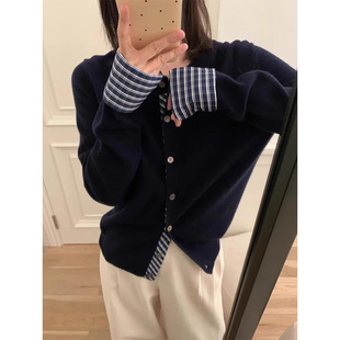 miu系设计感拼接格子显瘦假两件长袖开衫毛衣女春季复古外套打底