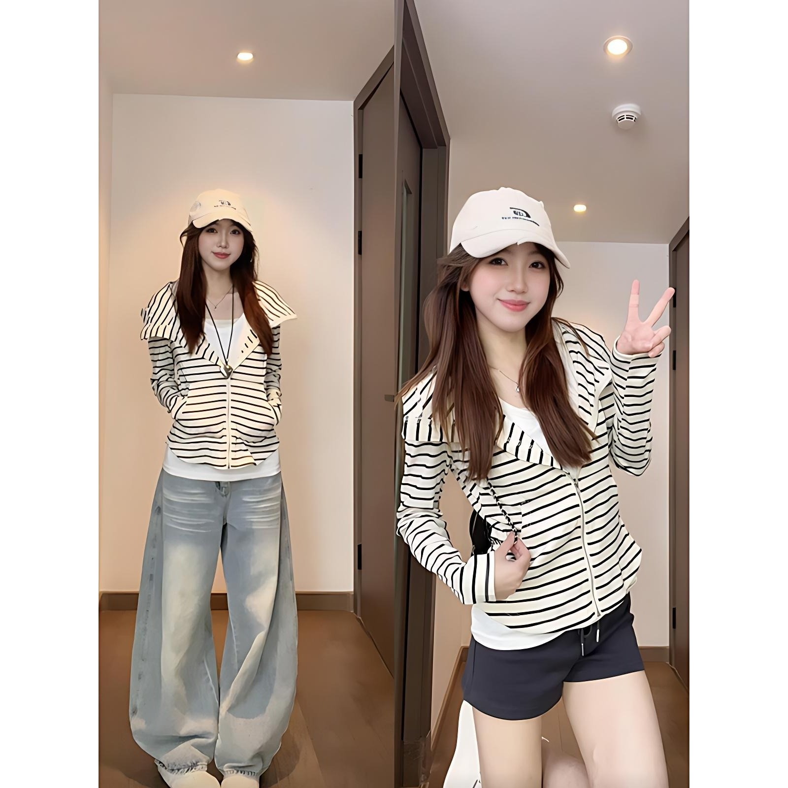 韩系穿搭修身连帽拉链条纹卫衣