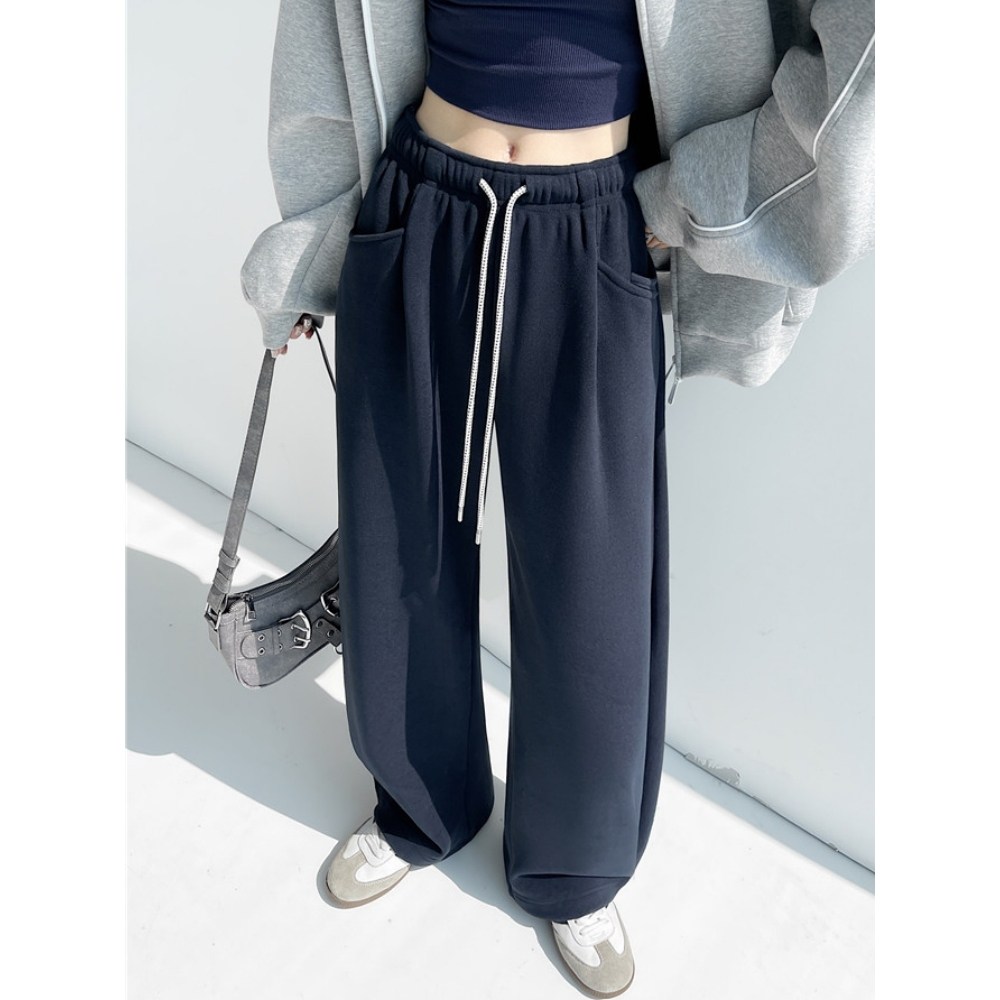 高腰显瘦百搭宽松休闲加绒卫裤女秋冬季垂感运动裤直筒阔腿拖地裤