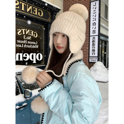 白色护耳针织帽女2025冬季韩系大头围毛线帽东北保暖包头毛球帽子