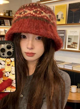 费尔岛红色渔夫帽女冬季加厚保暖针织帽日常休闲圆顶帽大头围盆帽