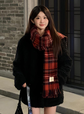 红色格子围巾女秋冬季2025新款高级感出游旅行时尚保暖围脖披肩潮