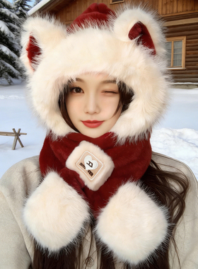 东北旅游防寒狐狸加厚毛绒帽两件套冬可爱保暖围巾连帽一体护耳帽