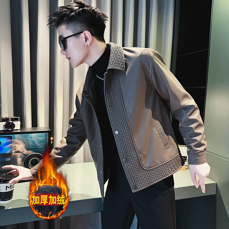 小码男装翻领皮衣外套