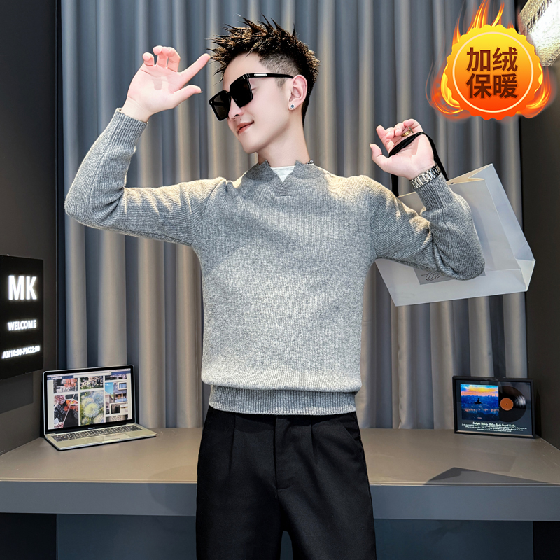 冬季小码男士圆领加绒毛衣