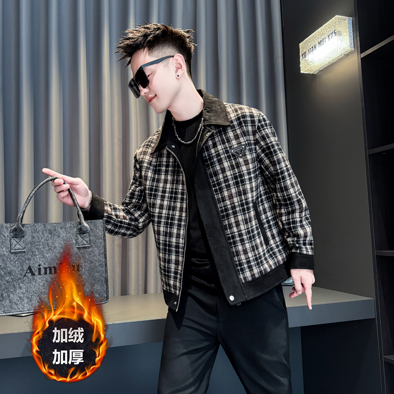 加小码复古格纹翻领夹克