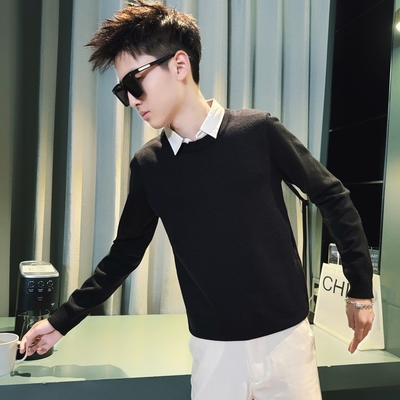 秋冬小码男假两件衬衫领修身毛衣