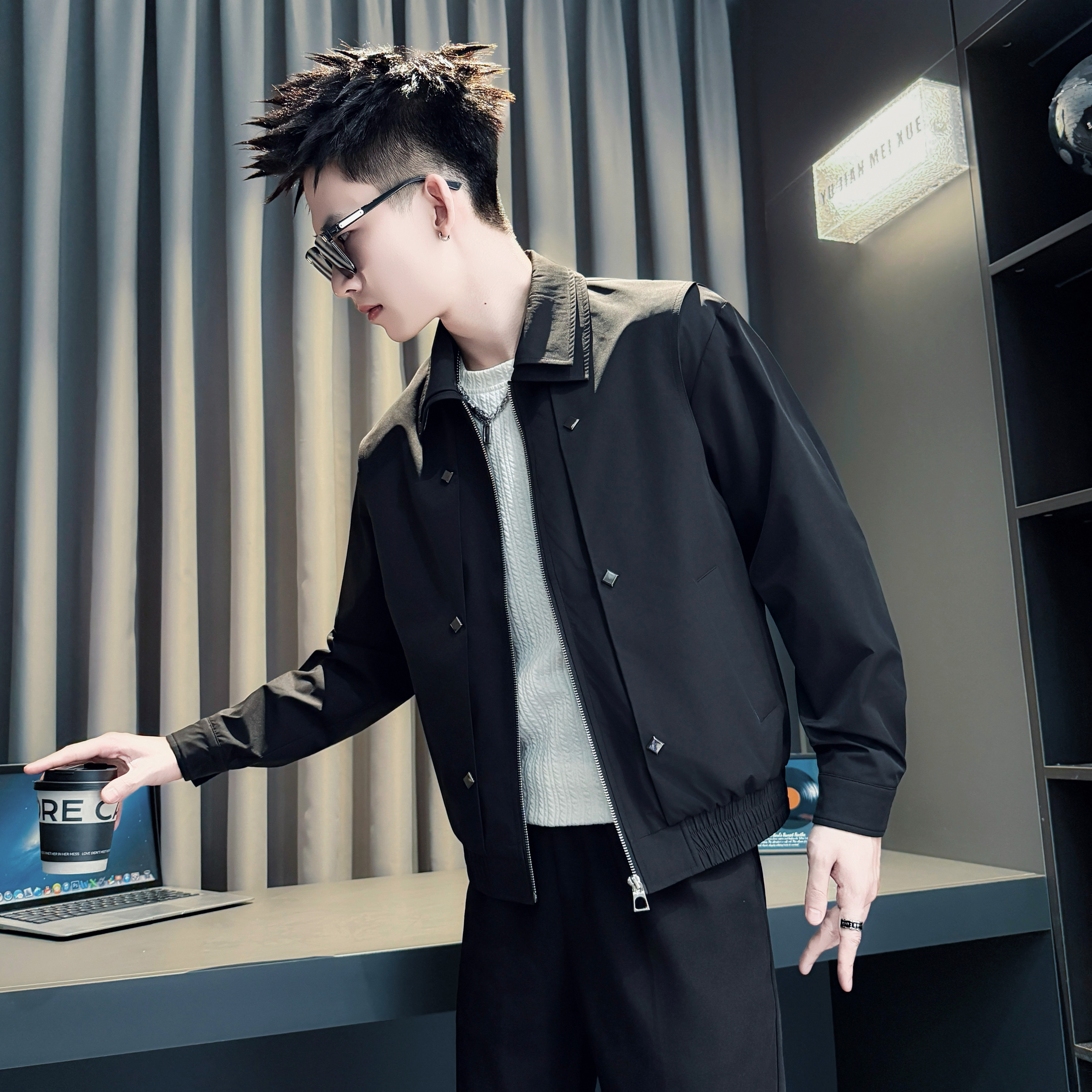 秋季小码翻领短款夹克男矮个子XS码S号修身痞帅气纯色百搭外套160