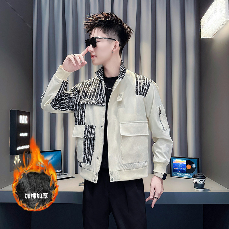155矮个子秋冬加棉加厚修身立领短款夹克男XS小码拼接外套帅气160