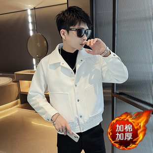 秋冬小码短款毛呢外套男155加棉加厚夹克S号XS码修身纯色休闲上衣