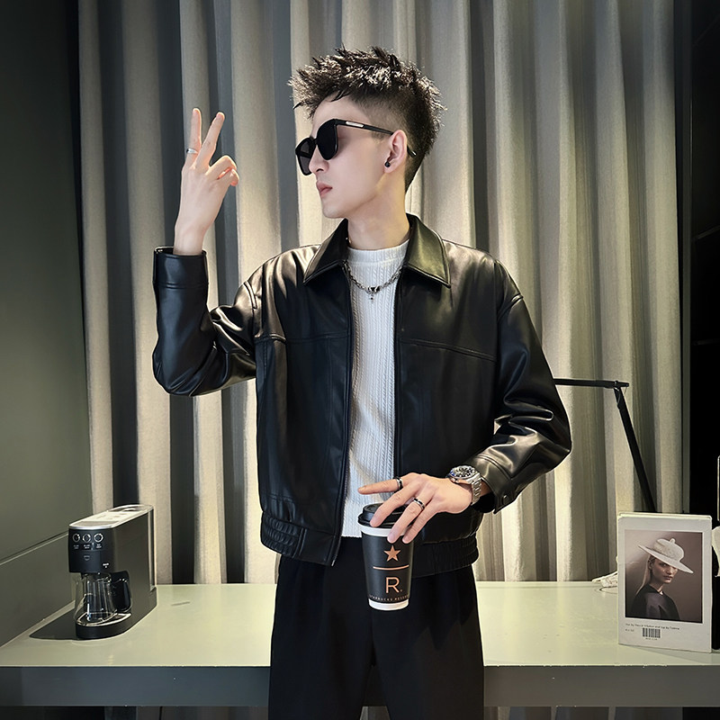 小码男装短款皮衣外套男矮个子XS码S号潮流百搭帅气翻领皮夹克160