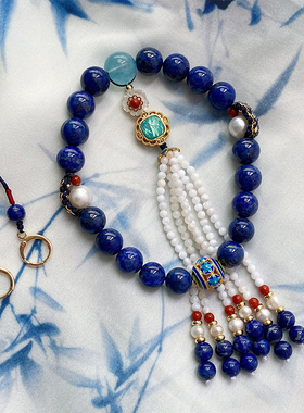 原创天然青金石南红珍珠流苏十八子女饰品压襟旗袍挂宫廷风手链