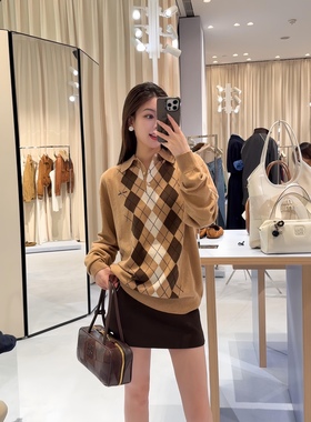 大地系100%羊绒菱格纹polo翻领针织衫长袖毛织套头衫