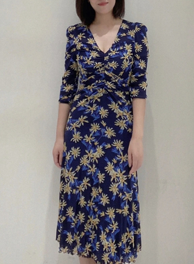 25DV新款巴黎浪漫花朵弹力3层网纱深v中长款连衣裙女两面穿七分袖