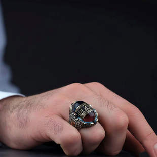 明星同款可调节925银复古雕刻时尚戒指男款圆形宝石高级感礼盒装